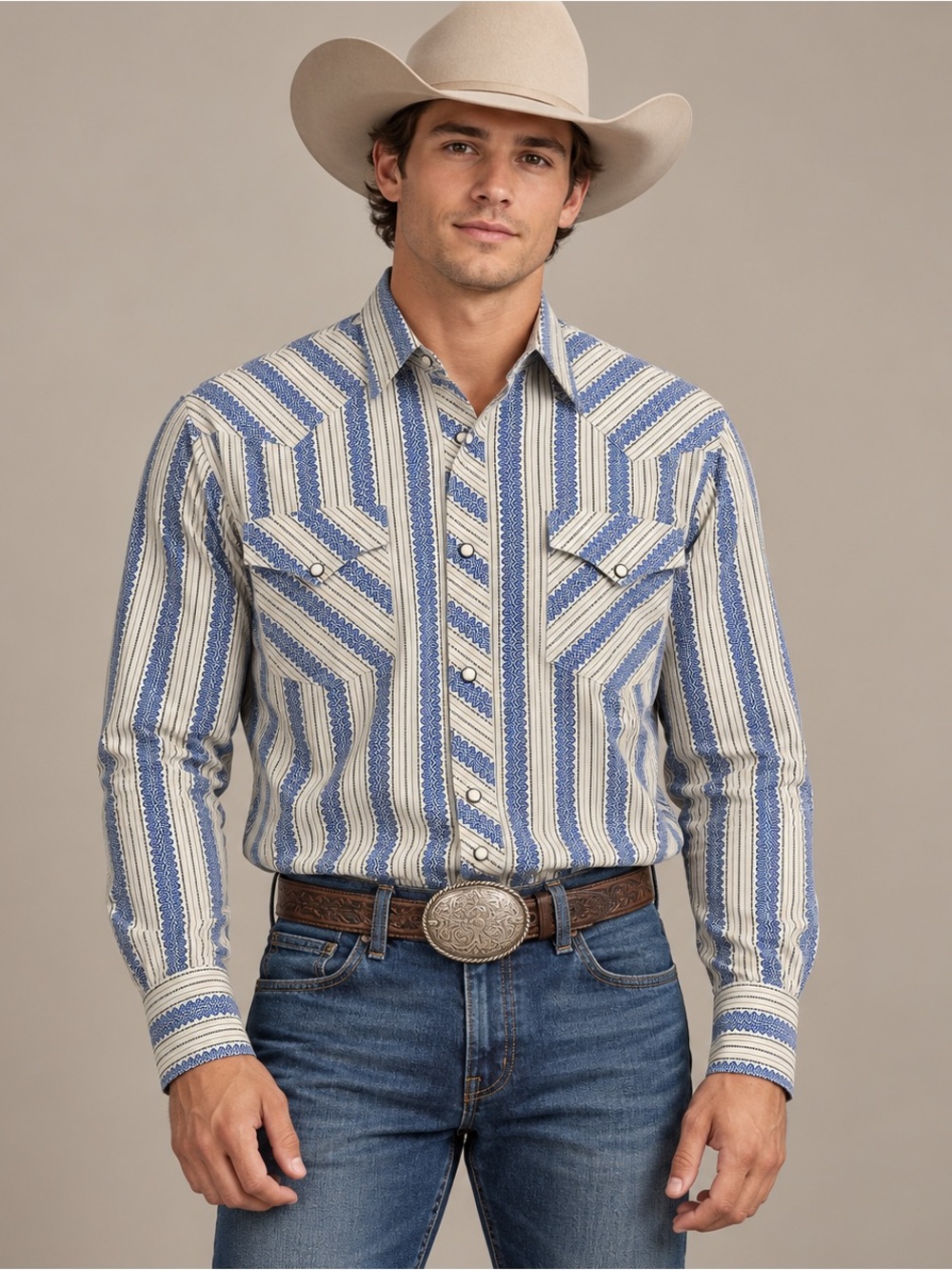 Urban Outfitters BDG Mens XL Western Cowboy Shirt Pearl Snaps Blue Ivory Striped